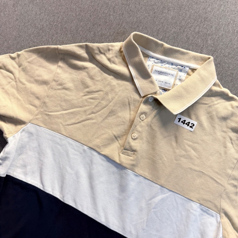 Denim & Flower Ricky Singh Mens Medium Colorblock Polo Shirt Tan White Navy Blue